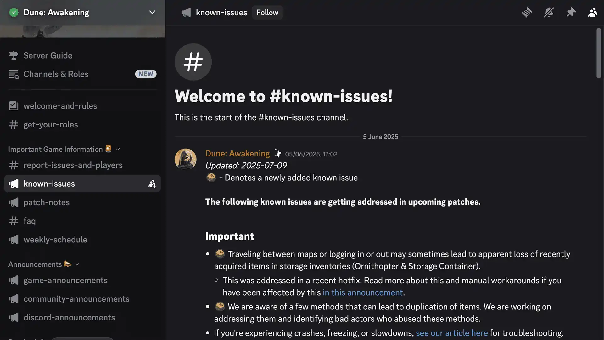 Dune: Awakening #known-issues channel on the official game Discord, listing all known issues that will be addressed in upcoming patches.