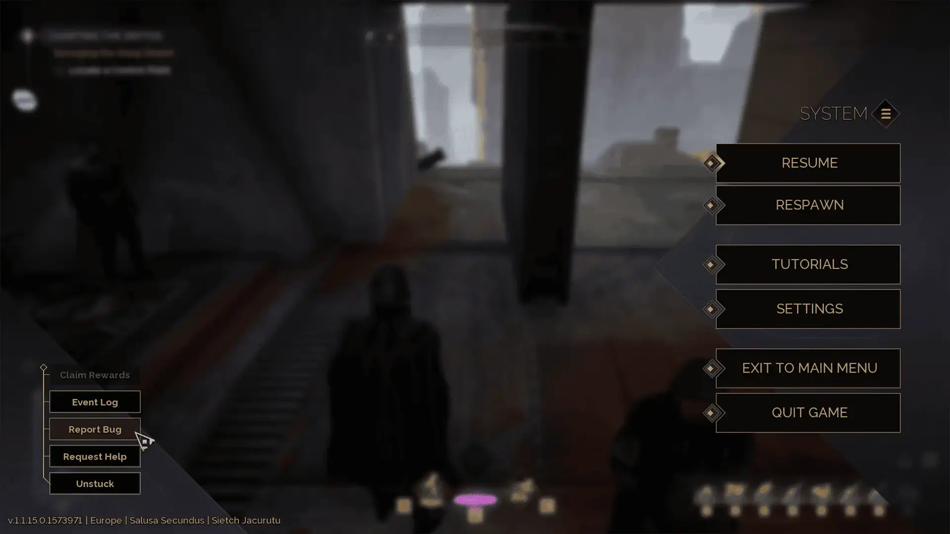 Dune: Awakening Menu with Report Bug Button Dune: Awakening menu with Report Bug button highlighted.
