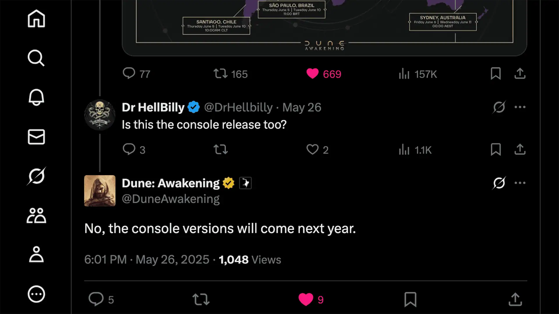 Console release confirmed for 2026 by official Funcom's Dune: Awakening X account.