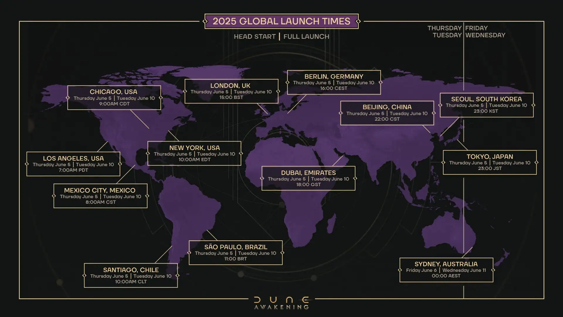 World Map showing Dune: Awakening global launch dates and times for various regions.