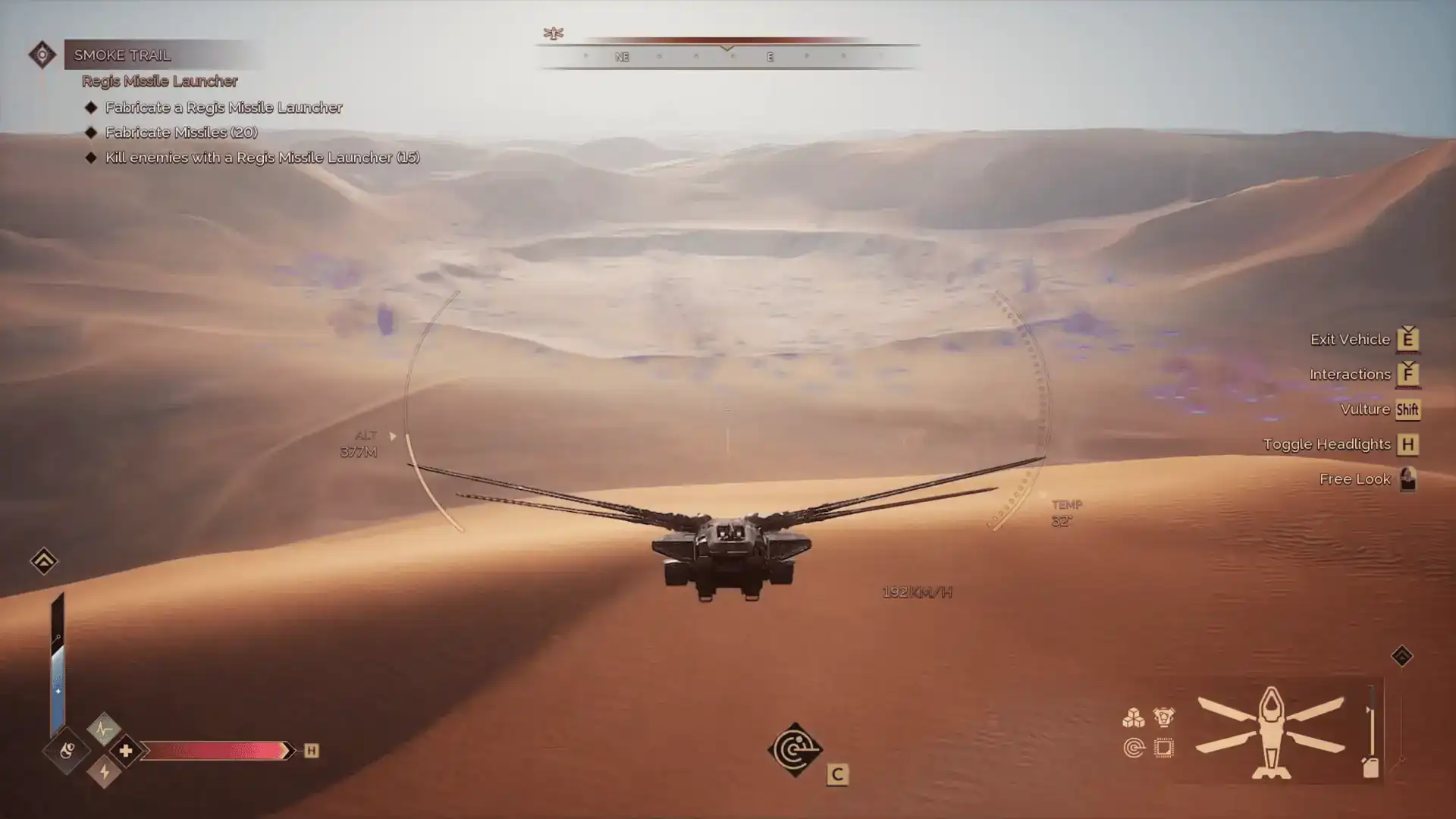 Scout Ornithopter approaching a large Spice Field in the Deep Desert PVP zone in Dune: Awakening.